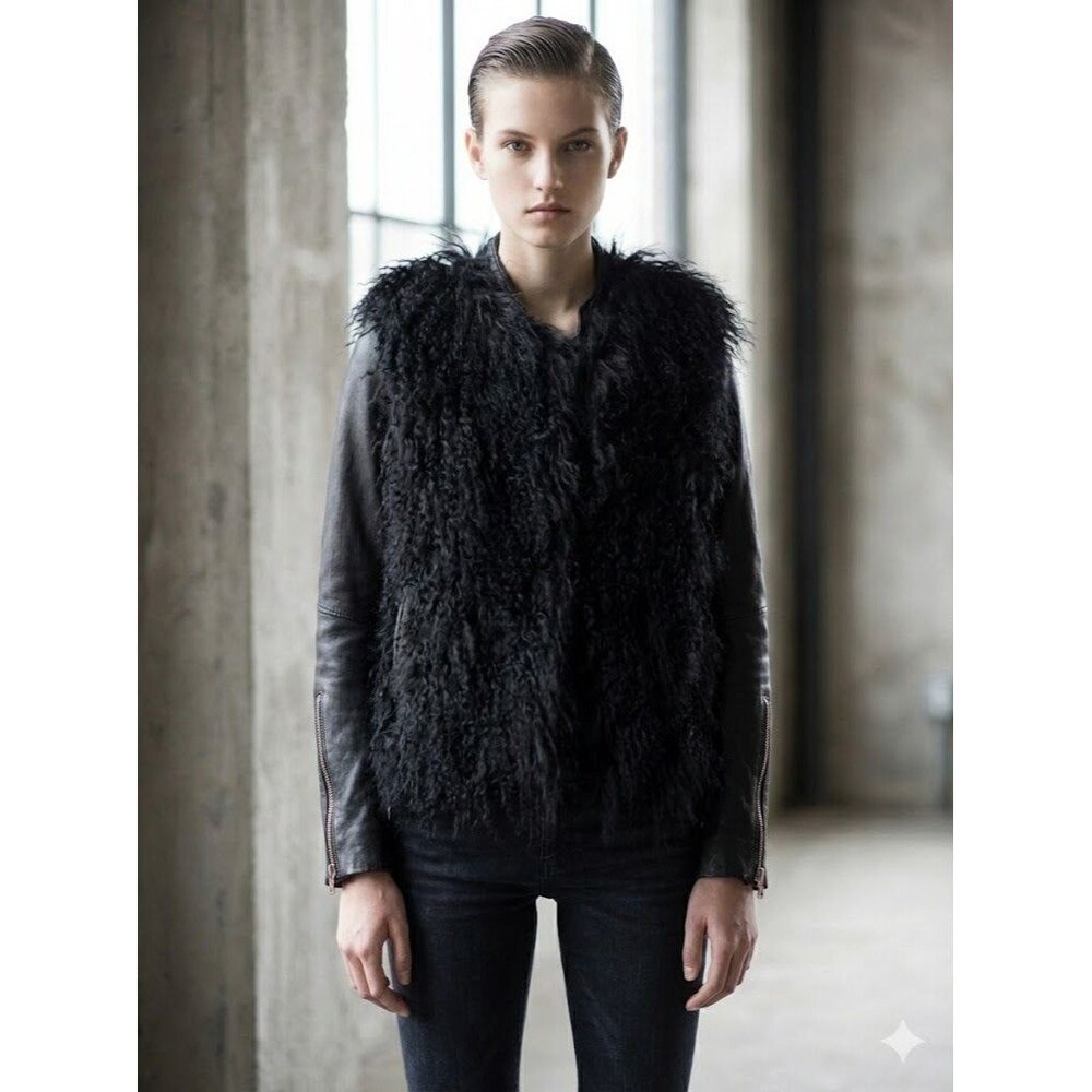Helmut Lang Black Goat Leather Jacket Shearling Biker Moto Womens Medium Rare